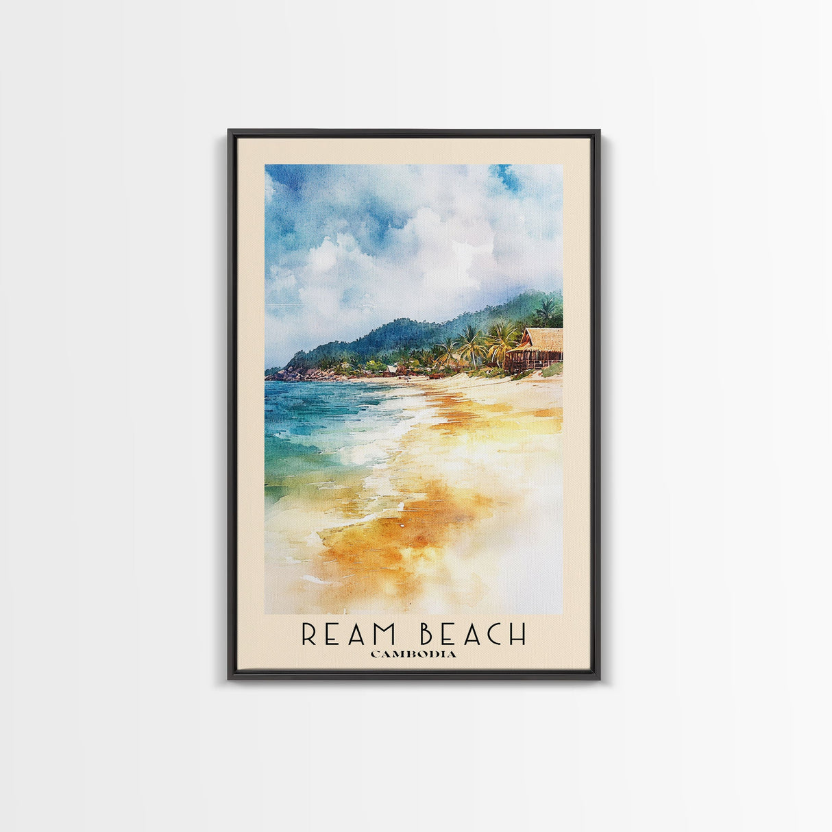 Ream Beach, Cambodia Watercolor Print, Vacation Gift, Cambodia Wall Art, Beach Painting, Beach Decor, Large Wall Art, Wood Frame Art