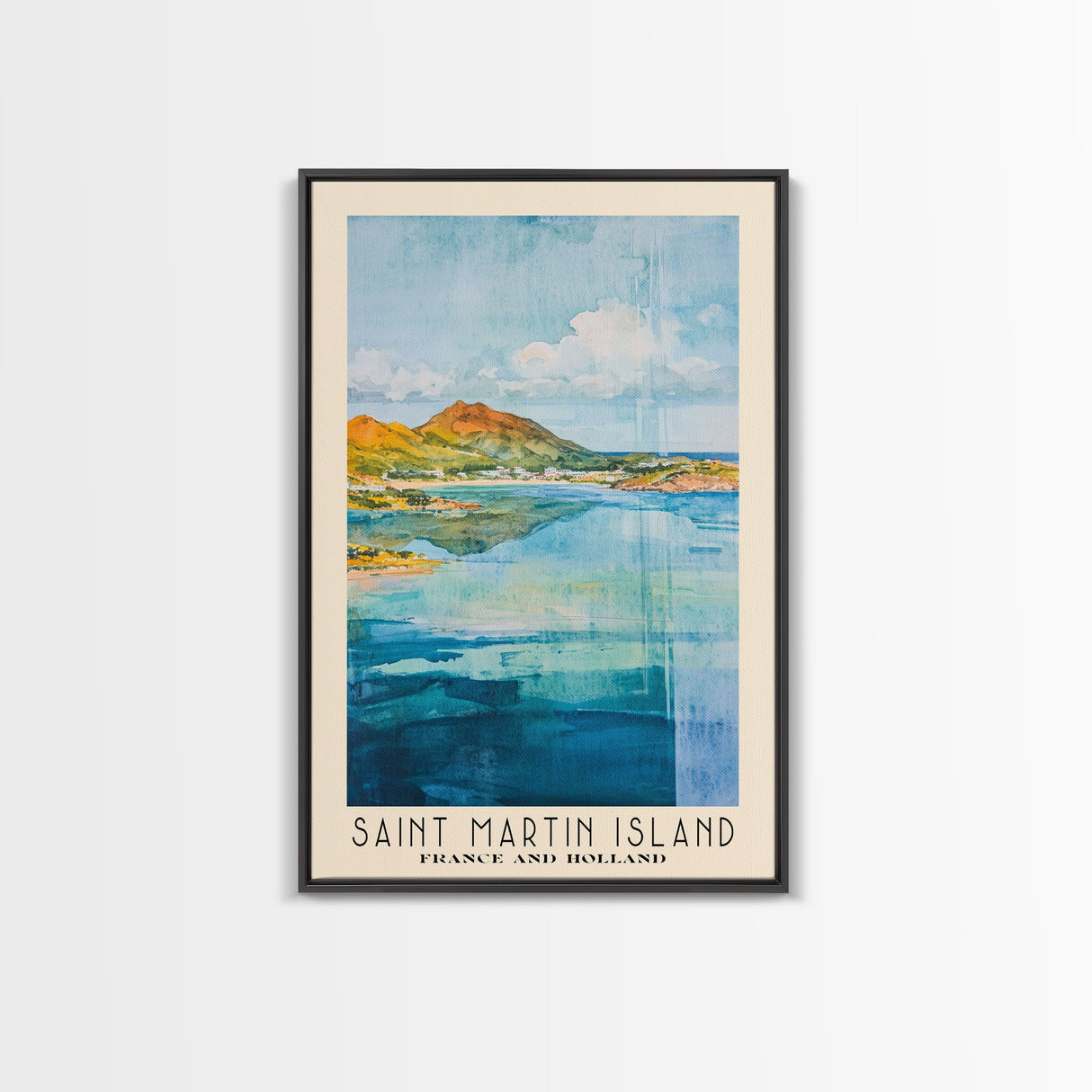 Saint Martin Island, France and Holland Watercolor Beach Print, Vacation Gift, France and Holland Wall Art, Framed Canvas Print, Framed Beach Painting