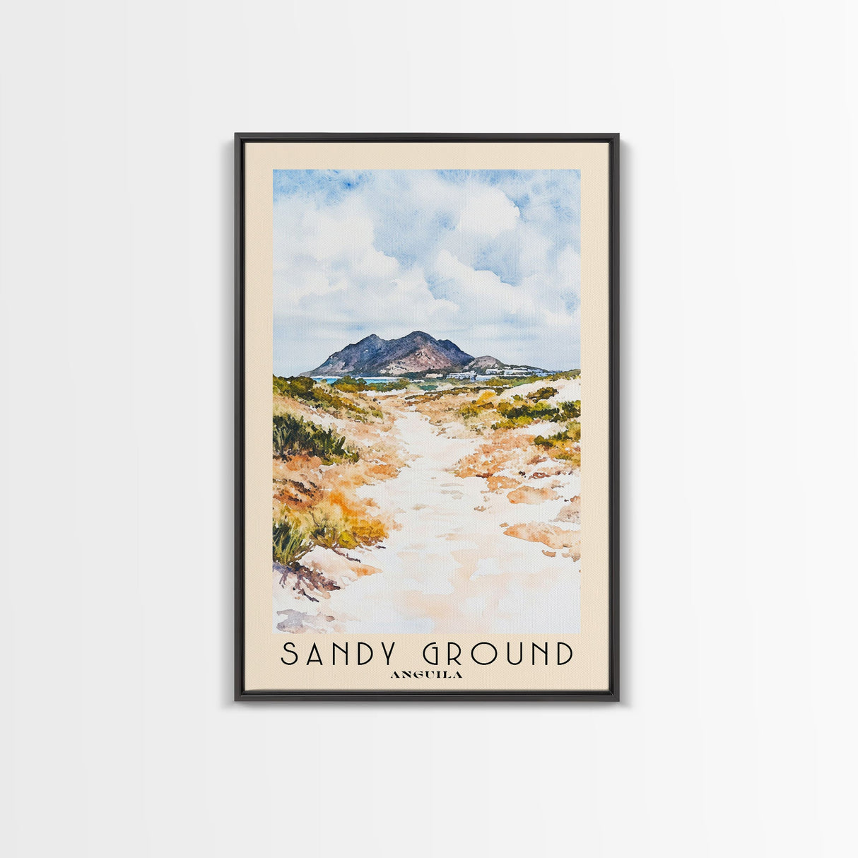 Sandy Ground, Anguila Watercolor Beach Print, Vacation Gift, Anguila Wall Art, Framed Canvas Print, Framed Beach Painting