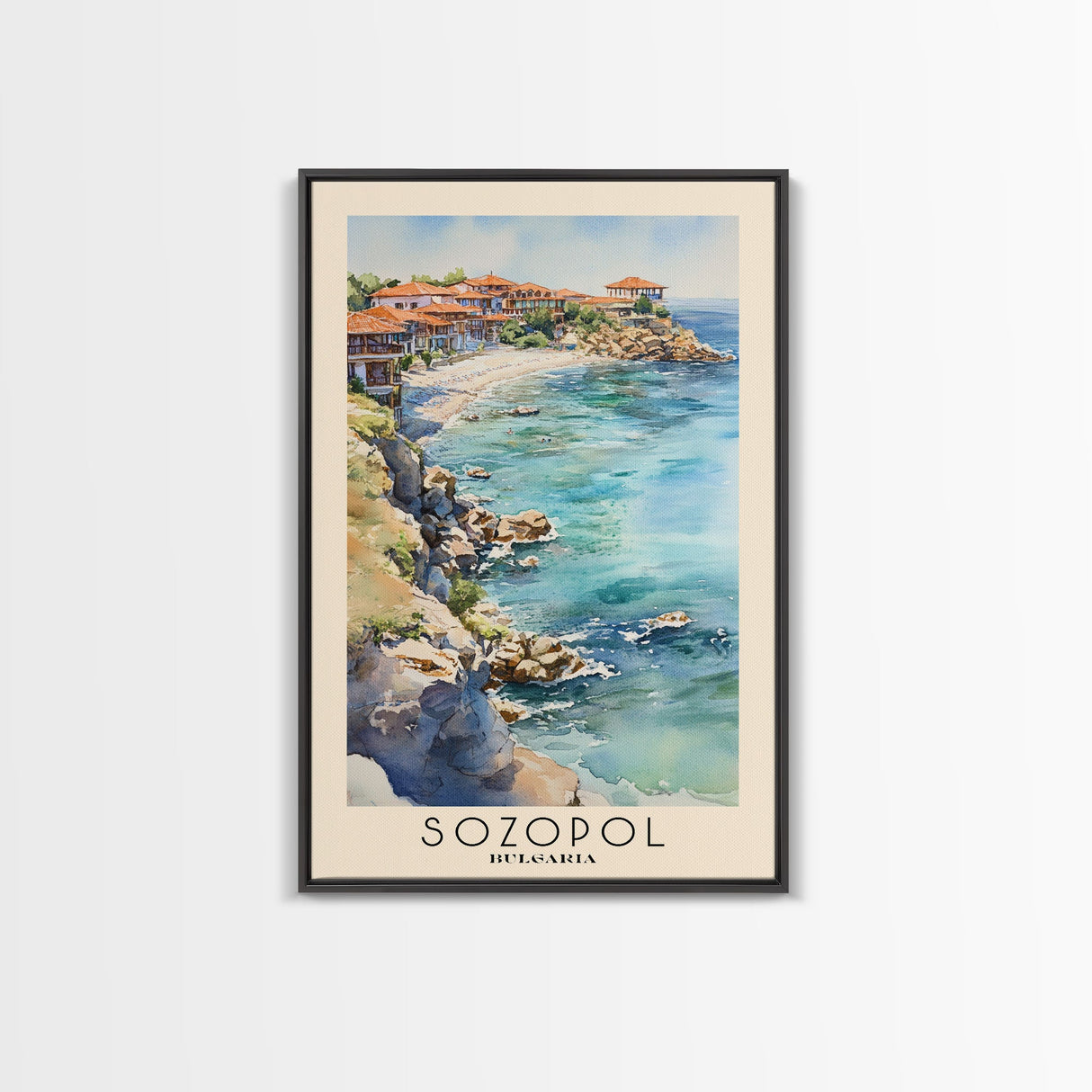 Sozopol, Bulgaria Watercolor Beach Print, Vacation Gift, Bulgaria Wall Art, Framed Canvas Print, Framed Beach Painting