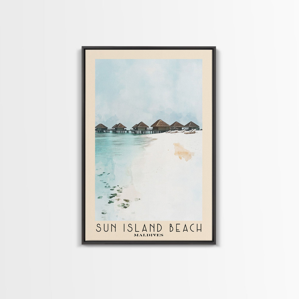 Sun Island Beach, Maldives Watercolor Print, Vacation Gift, Maldives Wall Art, Beach Painting, Beach Decor, Large Wall Art, Wood Frame Art