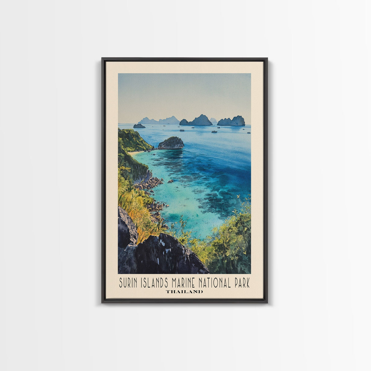 Surin Islands Marine National Park, Thailand Watercolor Print, Vacation Gift, Thailand Wall Art, Beach Painting, Beach Decor, Large Wall Art, Wood Frame Art