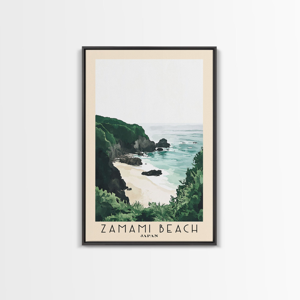 Zamami Beach, Japan Watercolor Beach Print, Vacation Gift, Japan Wall Art, Framed Canvas Print, Framed Beach Painting