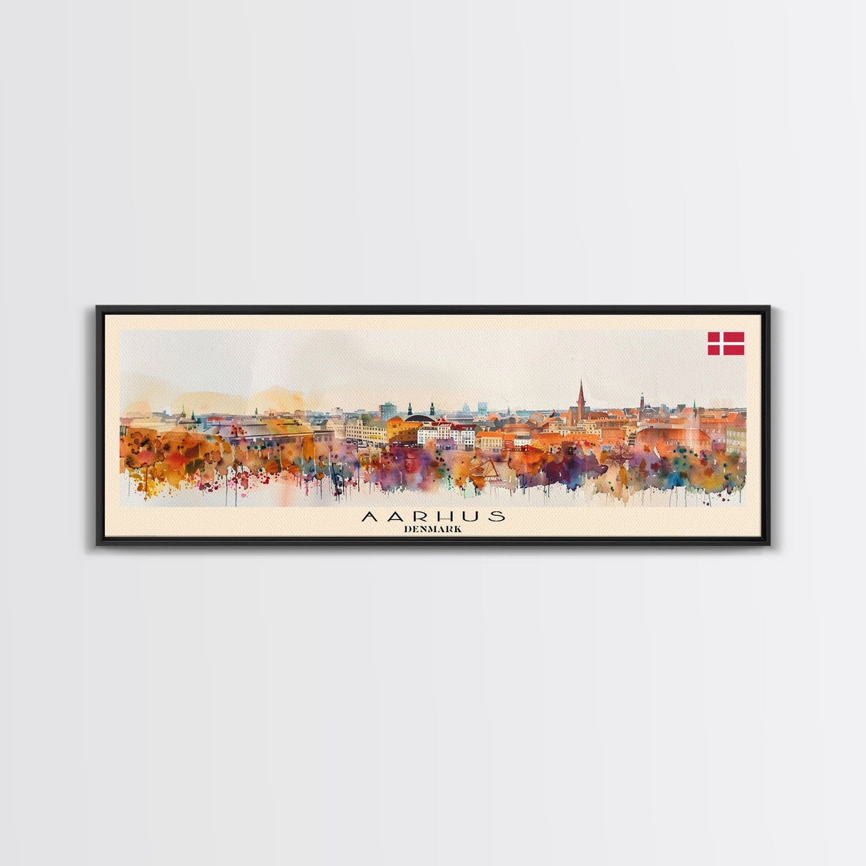 Aarhus Denmark  Panoramic Travel Poster, Framed Canvas Print or Metal Wall Art, Travel Art, Home Decor, Panoramic Painting, Midcentury Art