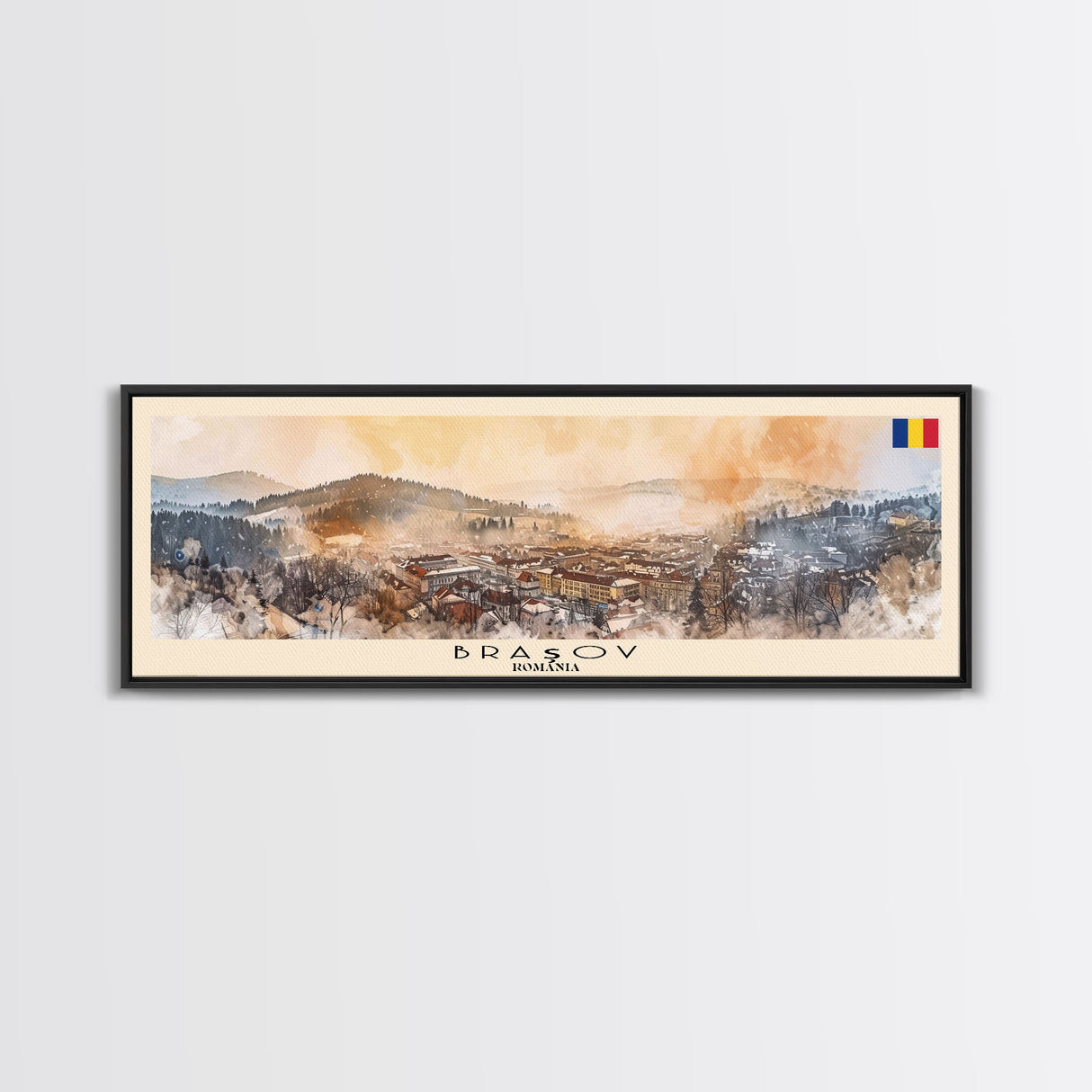 Brasov Romania Panoramic Travel Poster, Framed Canvas Print or Metal Wall Art, Travel Art, Home Decor, Panoramic Painting, Midcentury Art