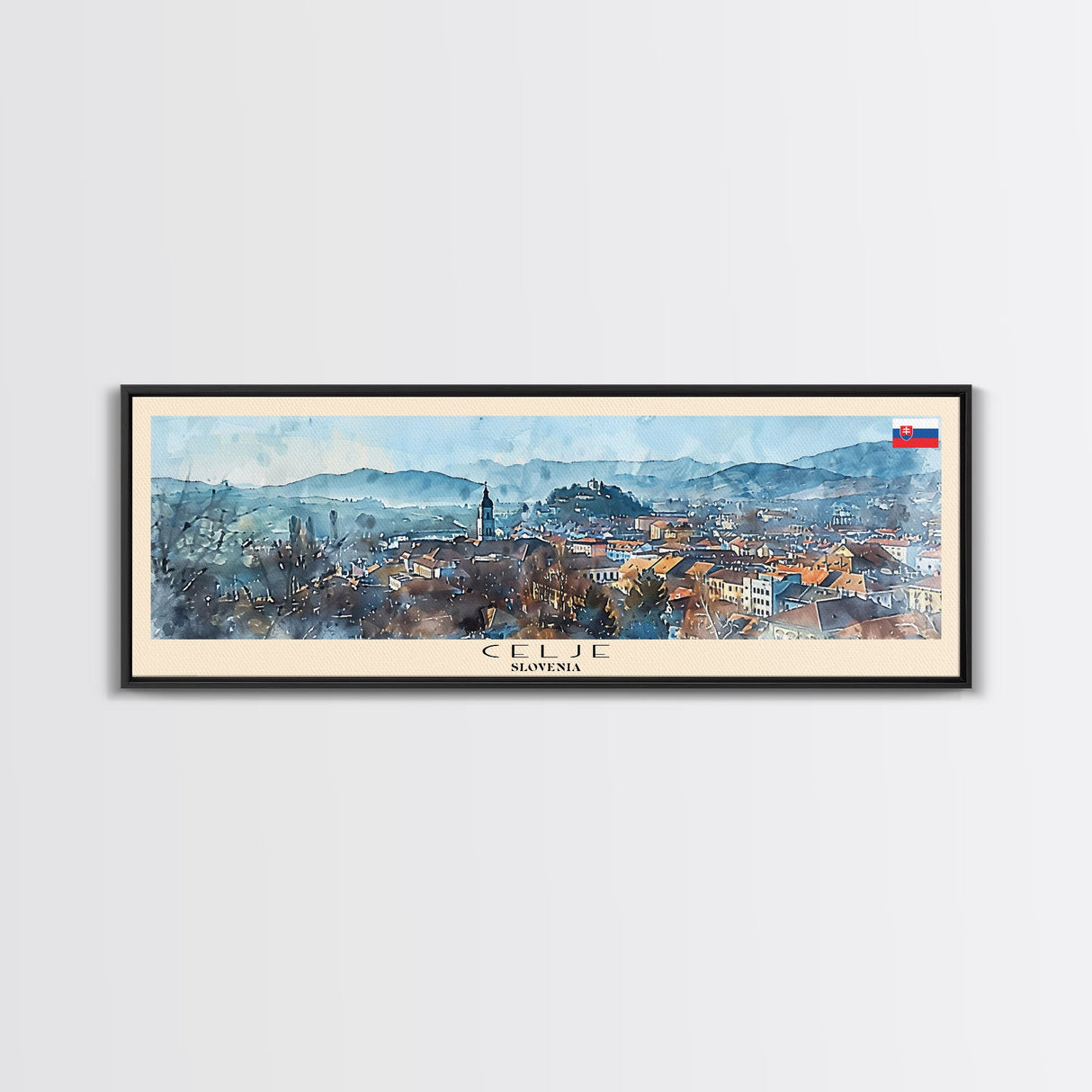 Celje Slovenia Panoramic Travel Poster, Framed Canvas Print or Metal Wall Art, Travel Art, Home Decor, Panoramic Painting, Midcentury Art