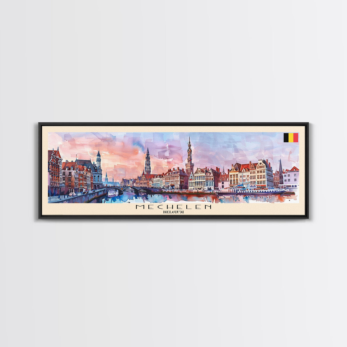 Mechelen Belgium Panoramic Travel Poster, Framed Canvas Print or Metal Wall Art, Travel Art, Home Decor, Panoramic Painting, Midcentury Art