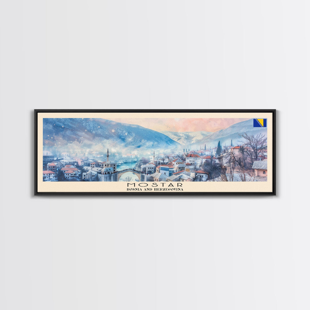 Mostar Bosnia Travel Art, City Art, Framed Canvas Print or Metal Wall Art, Europe Travel Poster, Panoramic Wall Art, Extra Wide Wall Art