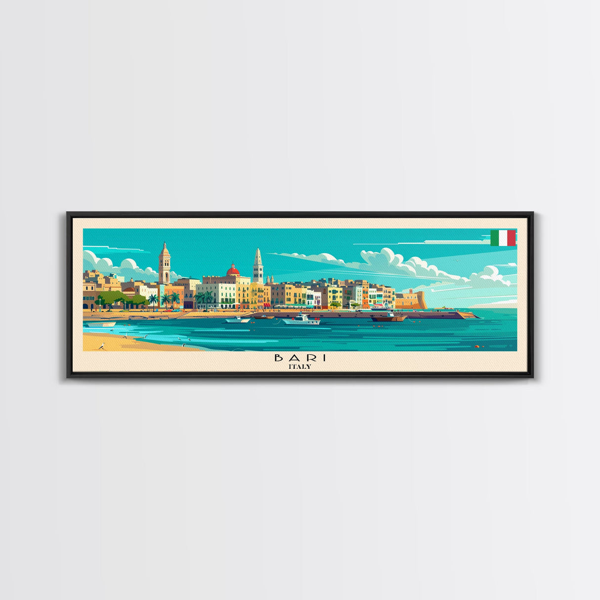 Bari Italy Travel Art, City Art, Framed Canvas Print or Metal Wall Art, Europe Travel Poster, Panoramic Wall Art, Extra Wide Wall Art