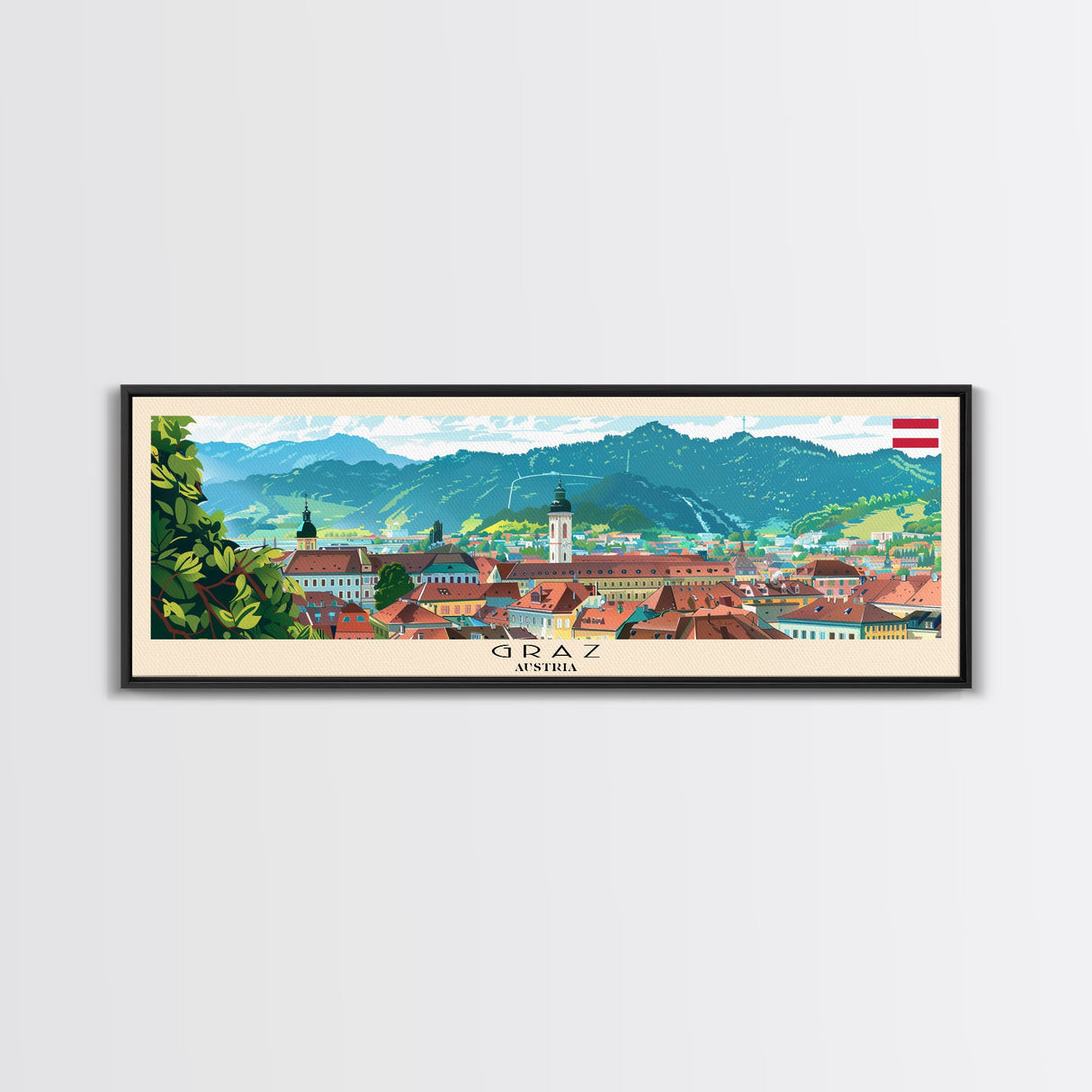 Graz Austria Wall Art, Panoramic Travel Poster, Panoramic Framed Canvas Print, City Wall Art, Wall Hanging Home Decor, Travel Art