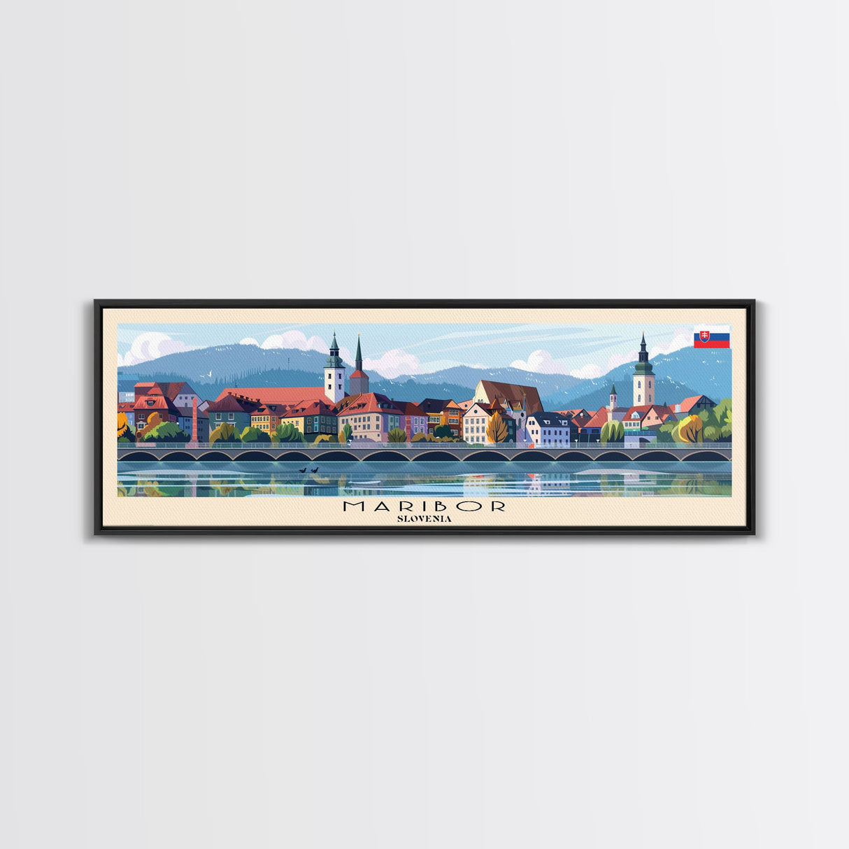 Maribor Slovenia Panoramic Travel Poster, Framed Canvas Print or Metal Wall Art, Travel Art, Home Decor, Panoramic Painting, Midcentury Art