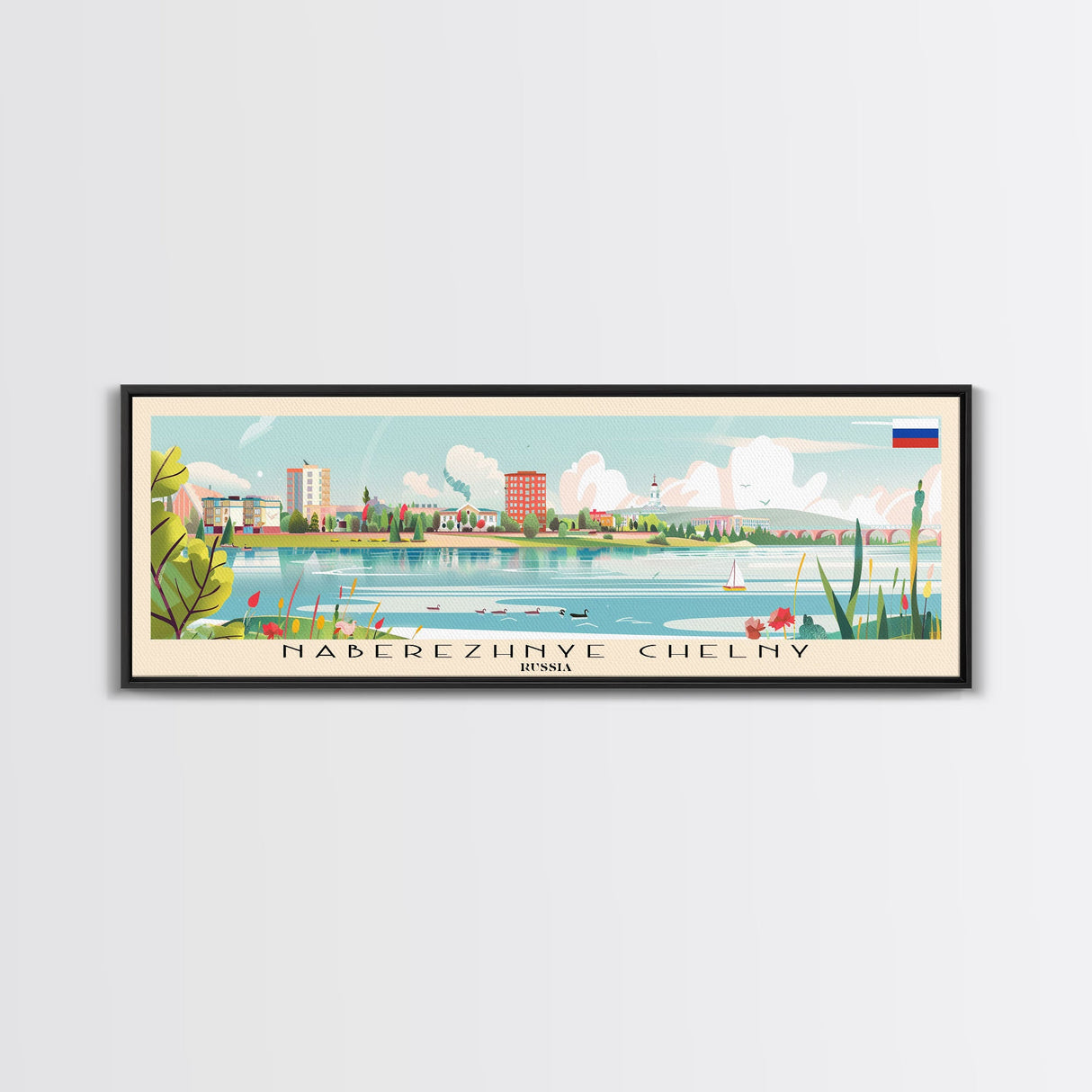 Naberezhnye Russia Travel Art, City Art, Framed Canvas Print or Metal Wall Art, Europe Travel Poster, Panoramic Wall Art, Extra Wide Wall Art