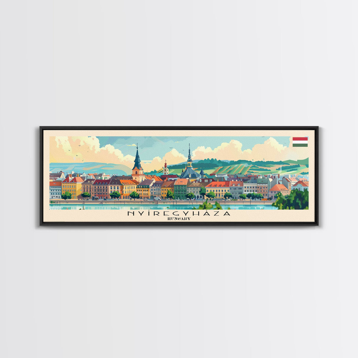 Nyiregyhaza Hungary Panoramic Travel Poster, Framed Canvas Print or Metal Wall Art, Travel Art, Home Decor, Panoramic Painting, Midcentury Art