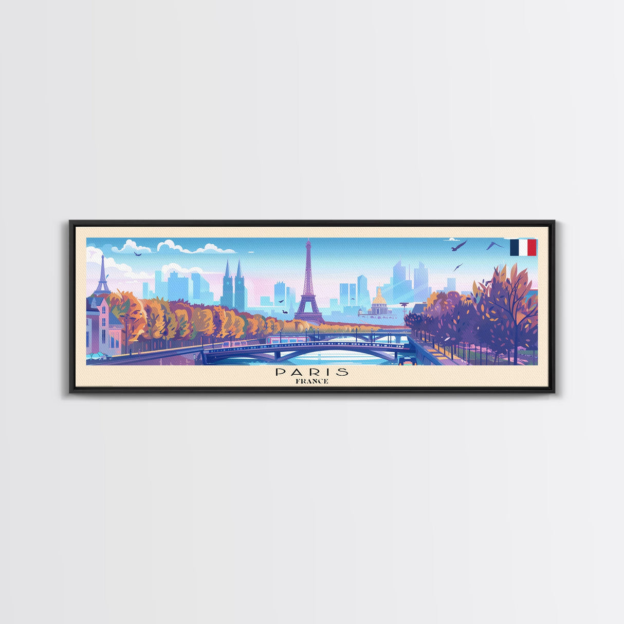 Paris France Panoramic Travel Poster, Framed Canvas Print or Metal Wall Art, Travel Art, Home Decor, Panoramic Painting, Midcentury Art