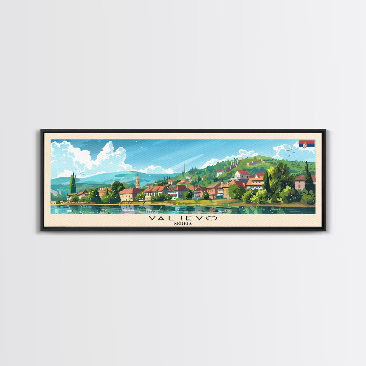 Valjevo Serbia Panoramic Travel Poster, Framed Canvas Print or Metal Wall Art, Travel Art, Home Decor, Panoramic Painting, Midcentury Art