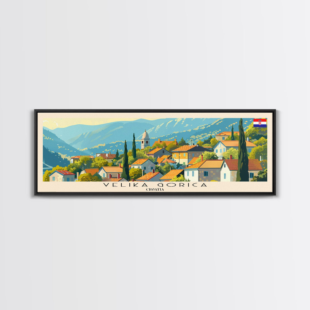 Velika Gorica Croatia Panoramic Travel Poster, Framed Canvas Print or Metal Wall Art, Travel Art, Home Decor, Panoramic Painting, Midcentury Art