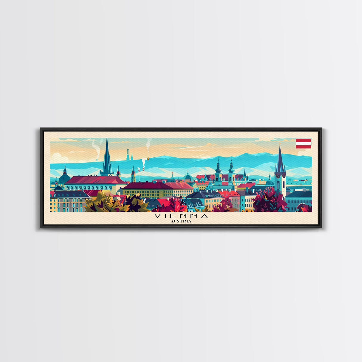 Vienna Austria Panoramic Travel Poster, Framed Canvas Print or Metal Wall Art, Travel Art, Home Decor, Panoramic Painting, Midcentury Art