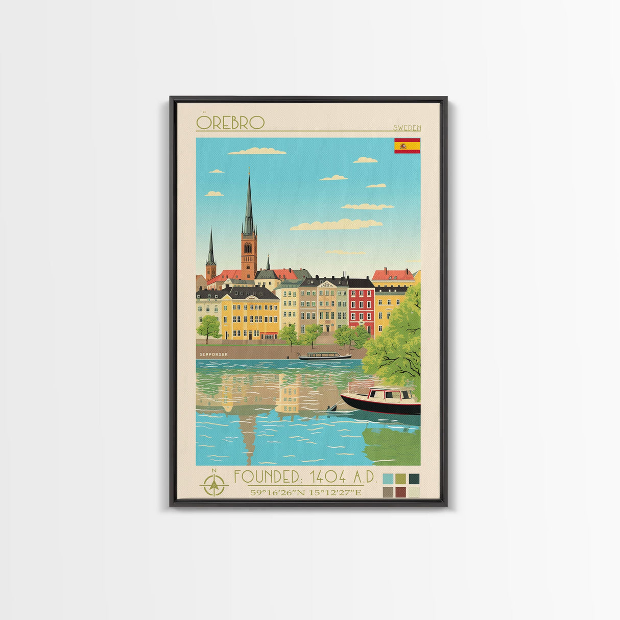 Örebro Sweden Travel Poster Framed Canvas Print, Midcentury Modern Art, Pop Art Wall Decor, Living Room Art, Home Decoration