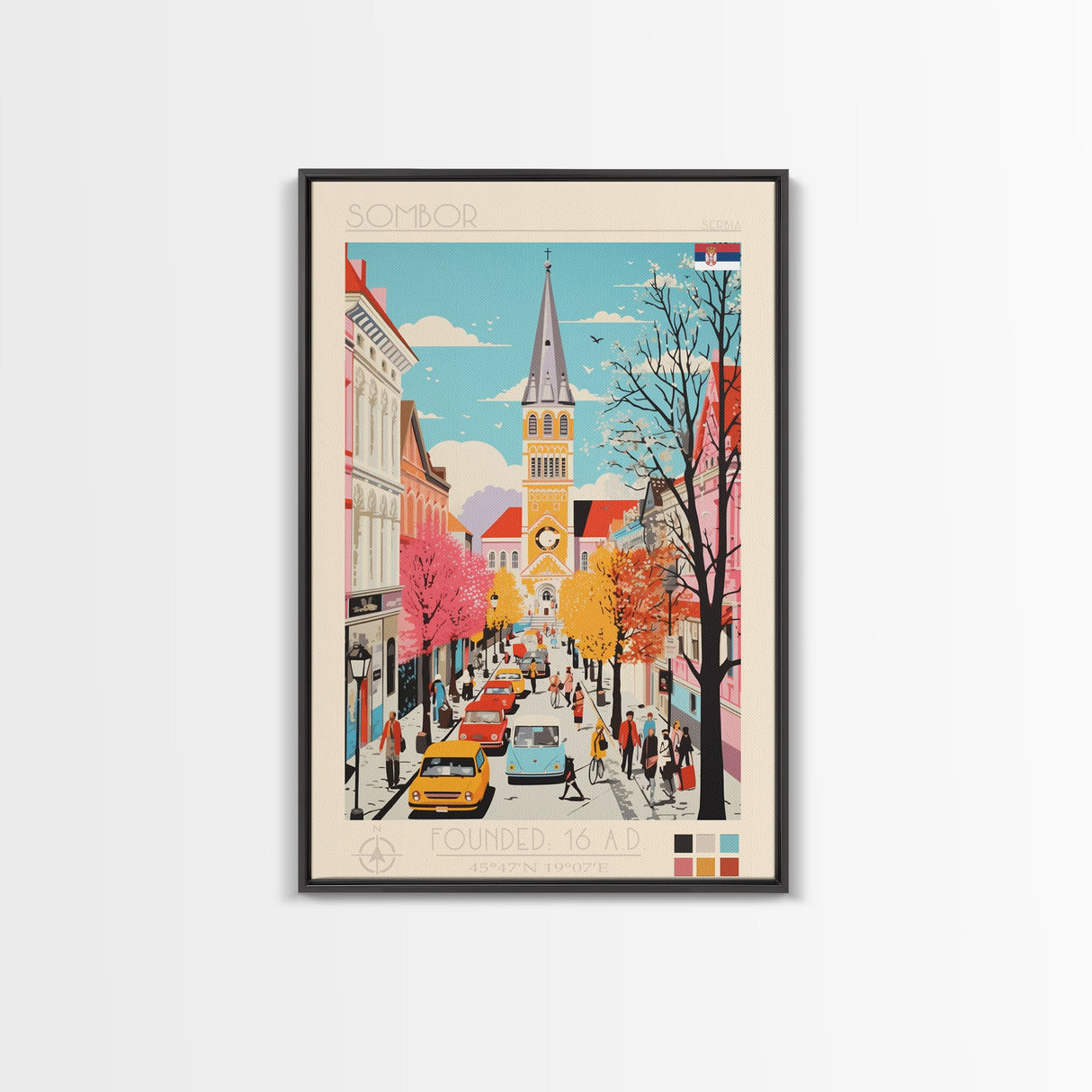 Sombor Serbia Travel Poster Framed Canvas Print, Midcentury Modern Art, Pop Art Wall Decor, Scenic Wall Art, Office Decoration