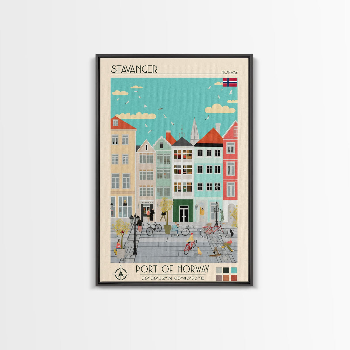 Stavanger Norway Travel Poster Framed Canvas Print, Midcentury Modern Art, Pop Art Wall Decor, Living Room Art, Home Decoration