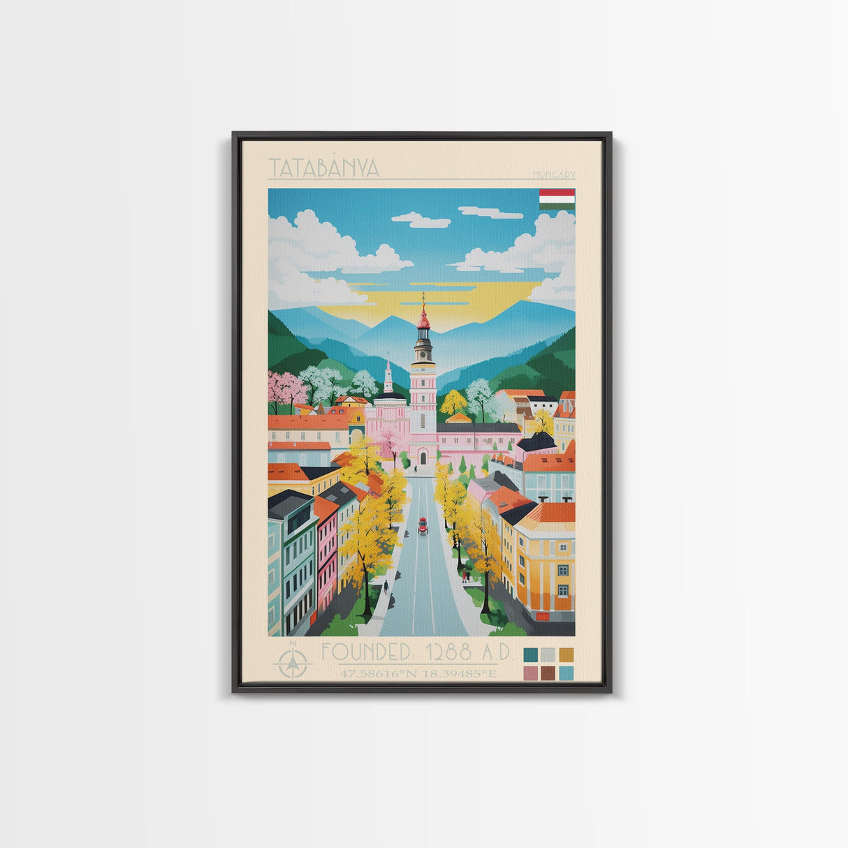 Tatabánya Hungary Travel Poster Framed Canvas Print, Midcentury Modern Art, Pop Art Wall Decor, Living Room Art, Vacation Gift