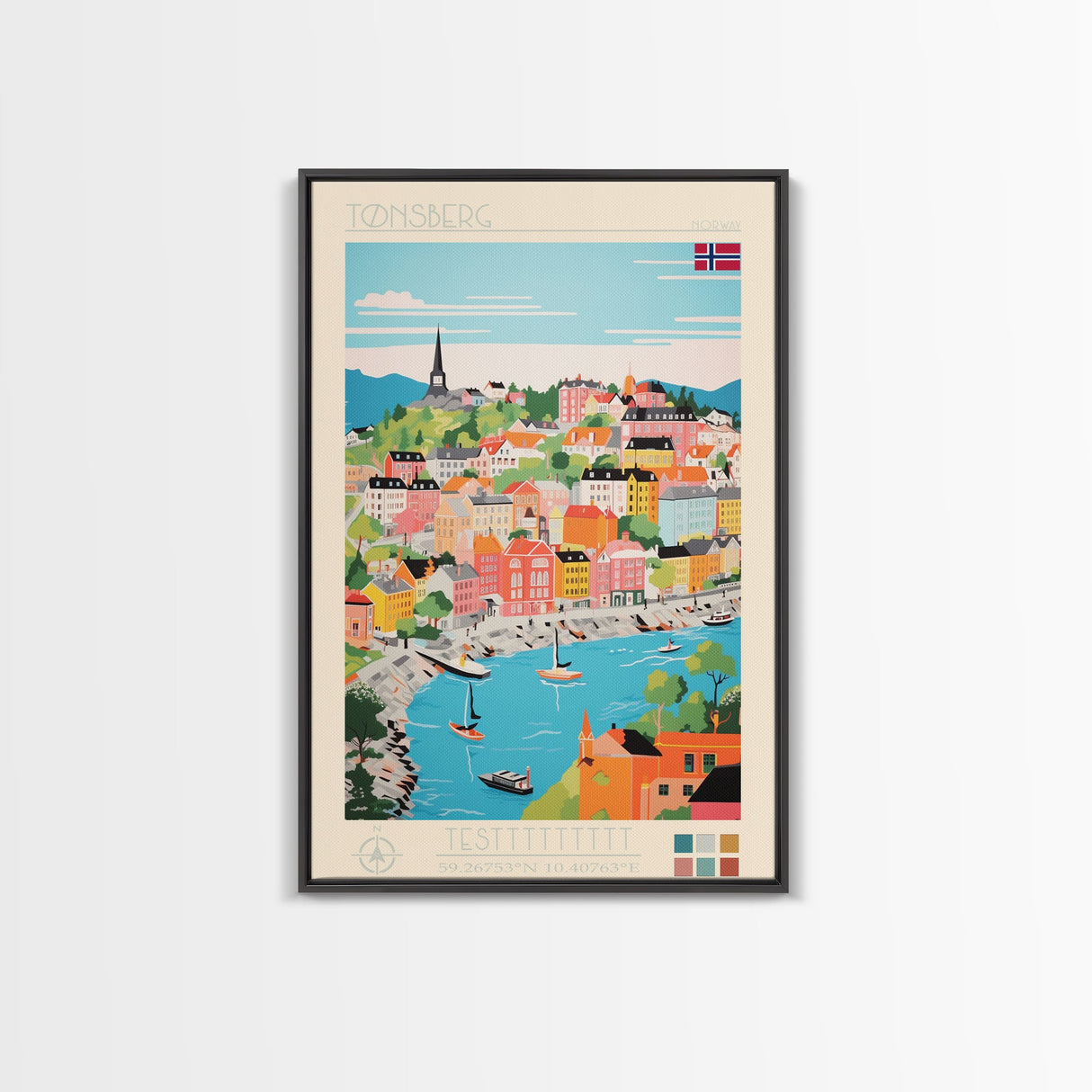 Tønsberg Norway Travel Poster Framed Canvas Print, Midcentury Modern Art, Pop Art Wall Decor, Living Room Art, Vacation Gift