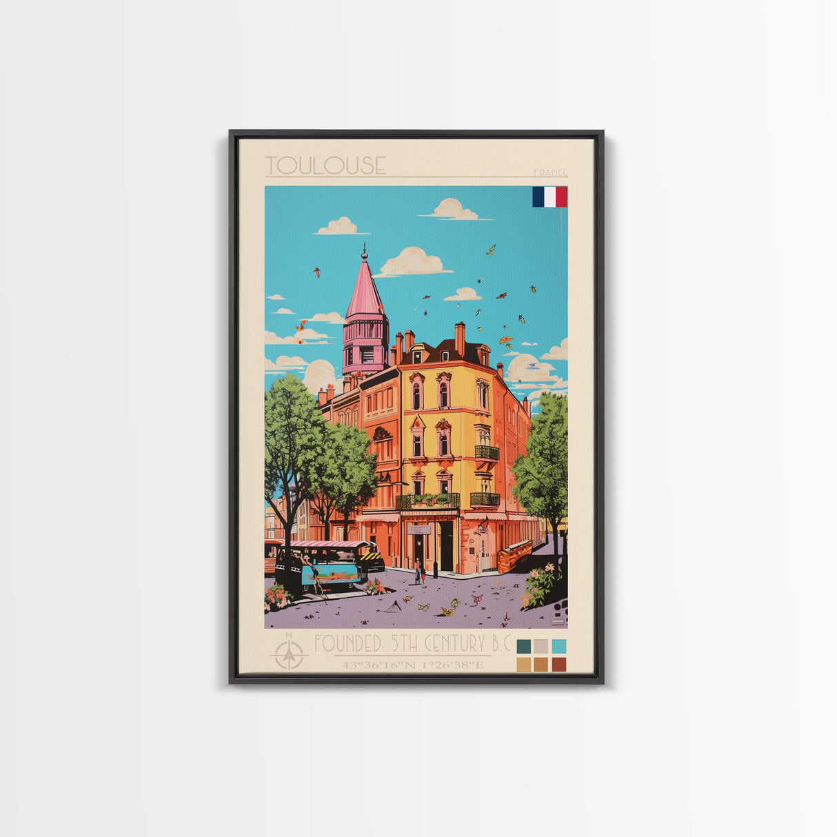 Toulouse France Travel Poster Framed Canvas Print, Midcentury Modern Art, Pop Art Wall Decor, Living Room Art, Scenic Wall Art