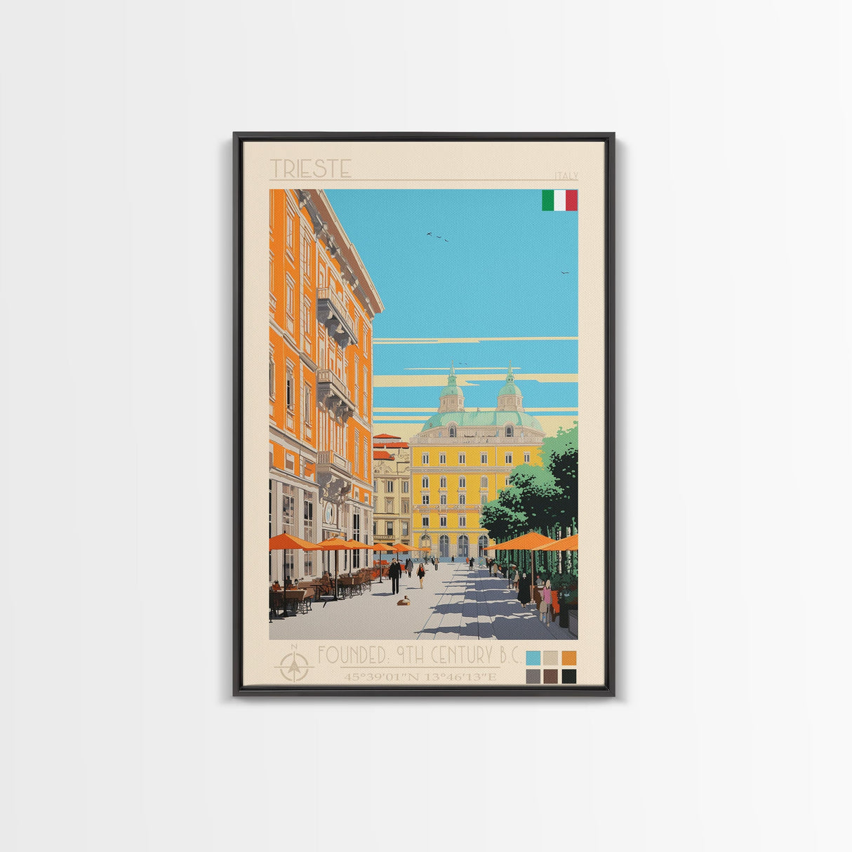 Trieste Italy Travel Poster Framed Canvas Print, Midcentury Modern Art, Pop Art Wall Decor, Living Room Art, Home Decoration