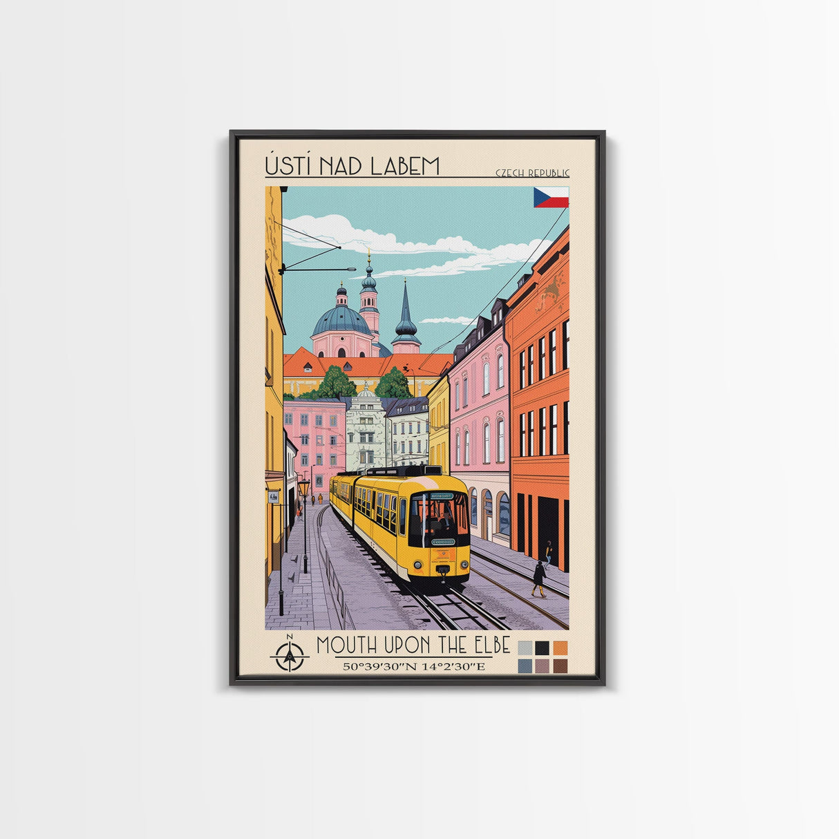 Ústí nad Labem Czech Republic Travel Poster Framed Canvas Print, Midcentury Modern Art, Pop Art Wall Decor, Living Room Art