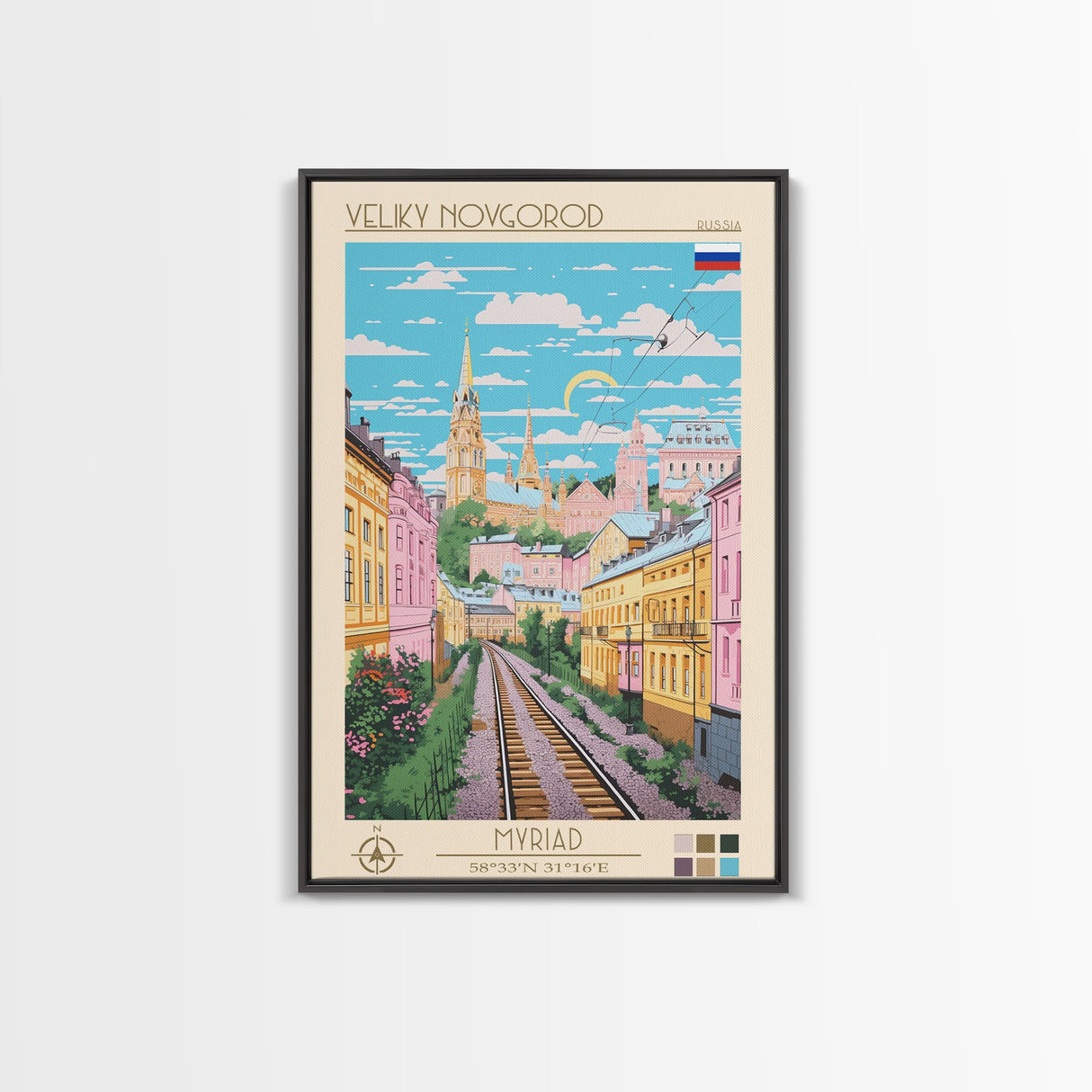 Veliky Novgorod Russia Travel Poster Framed Canvas Print, Midcentury Modern Art, Pop Art Wall Decor, Living Room Art, Scenic Wall Art