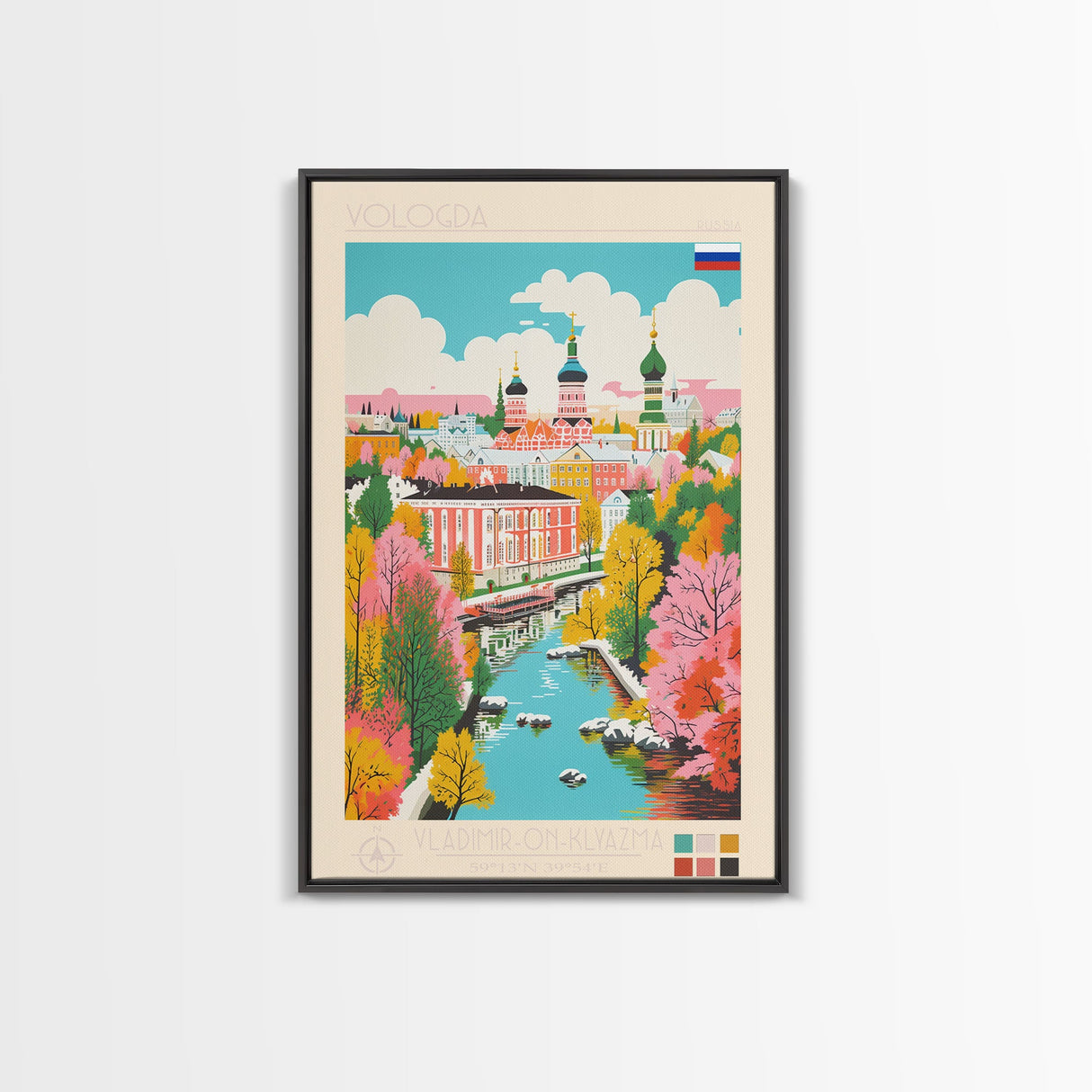 Vologda Russia Travel Poster Framed Canvas Print, Midcentury Modern Art, Pop Art Wall Decor, Living Room Art, Home Decoration