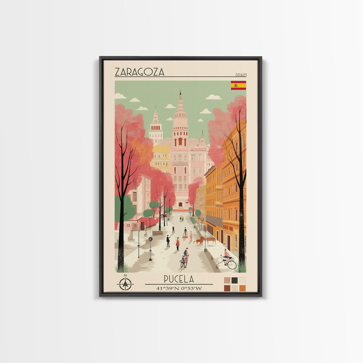 Zaragoza Spain Travel Poster Framed Canvas Print, Midcentury Modern Art, Pop Art Wall Decor, Living Room Art, Vacation Gift