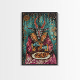 A demon eating some hot wings - hope he didn't sell his soul for them they look pretty good! Halloween Wall Art Framed Canvas