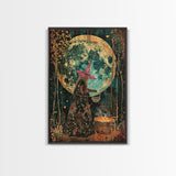 Witch Preparing Spell Under Full Moon Framed Canvas Print | Halloween Witch Art | Enchanted Witch Decor for Home | Halloween Artwork