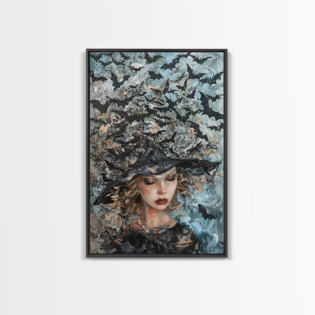 Witch in Bat Swarm - Spooky Halloween Wall Art - Creepy Home Decor - Witch and Bats Painting - Perfect Halloween Decoration