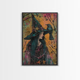 Witch with Raven in Autumn Forest - Dark Enchantment Mystical Gothic Art Framed Canvas Print, Halloween Home Decor