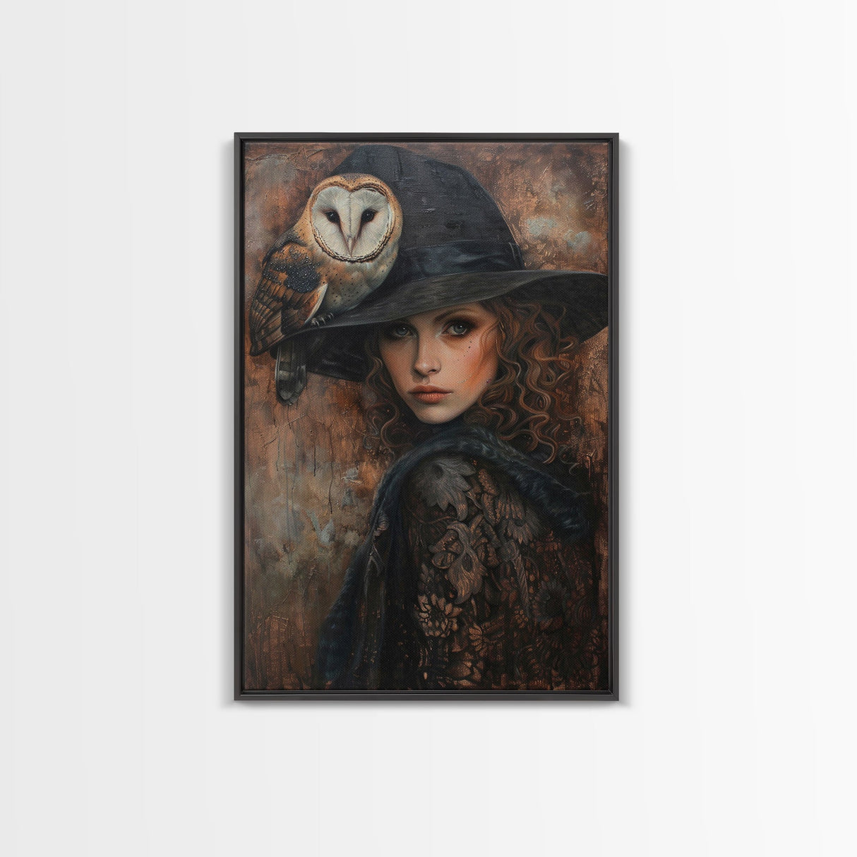 Witch with Crow in Spooky Forest - Halloween Art, Gothic Art, Spooky Decor, Dark Magic Art, Mysterious Portrait, Framed Canvas Print