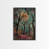 Witchy Woodland Path Framed Canvas Print, Halloween Enchanted Forest Art, Spooky, Haunted Path Decor, Mystical Artwork, Framed Canvas Print