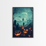 Bats and Jack-O-Lanterns Framed Canvas Print, Halloween Wall Art, Haunted Graveyard, Home Decor, Spooky Art, Living Room Decor, Gothic Art