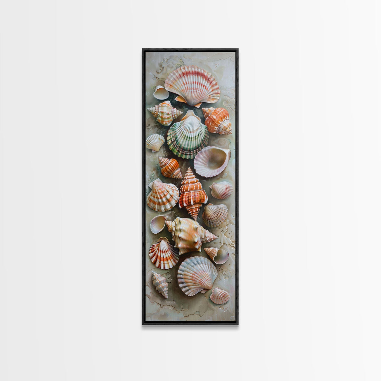 Printed Canvas Painting of Colorful Seashells on Beach, Vertical Coastal Art Print, Oversized Wall Art for Living Room, Housewarming Gift