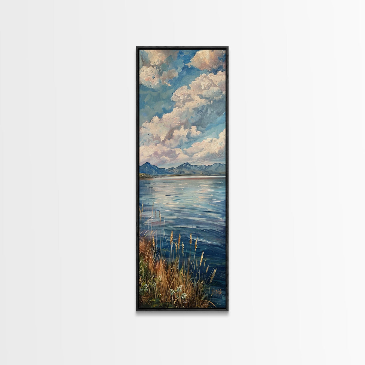 Ocean Landscape Acrylic Canvas Painting Framed, Modern Coastal Art, Vertical Framed Beach Art, Tall and Narrow Wall Art for Living Room