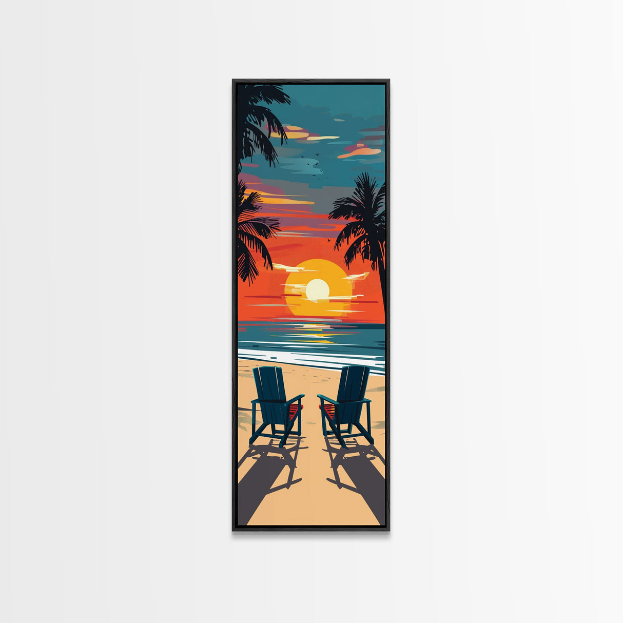 Palm Trees Sunset Midcentury Modern Wall Art - Framed Canvas Print, Boho Art, Skinny Art, Living Room Art, Bedroom Decor, Beach Landscape