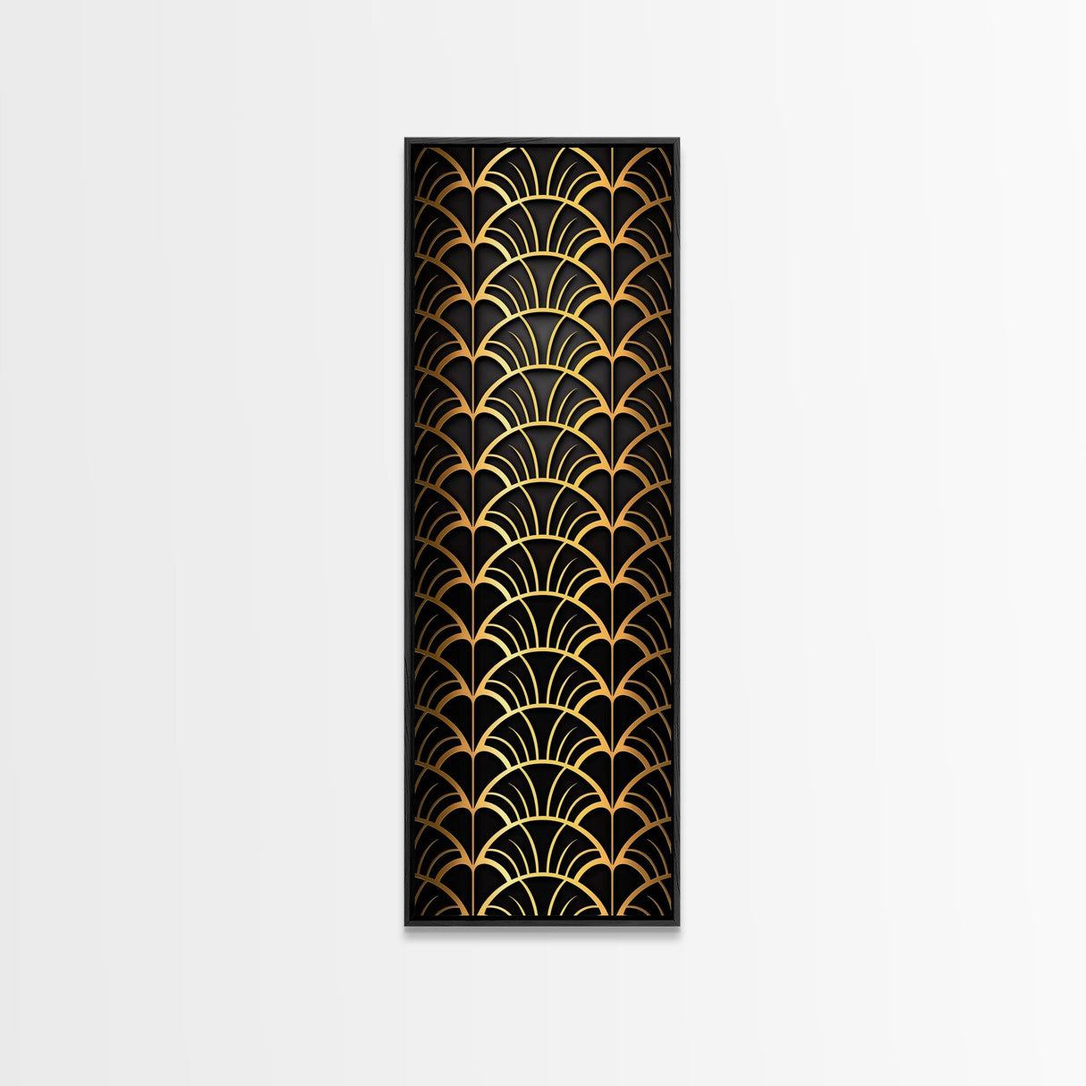 Abstract Gold Geometric Pattern on Black Background - Framed Canvas Print, Art Deco Style, Skinny Art, Tall Art, Midcentury Modern Art, Living Room Wall Decor