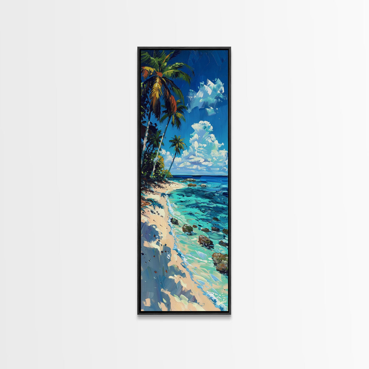 Tropical Beach Scene With Palm Trees Skinny Art Framed Canvas Print For Living Room Or Bedroom Wall Art