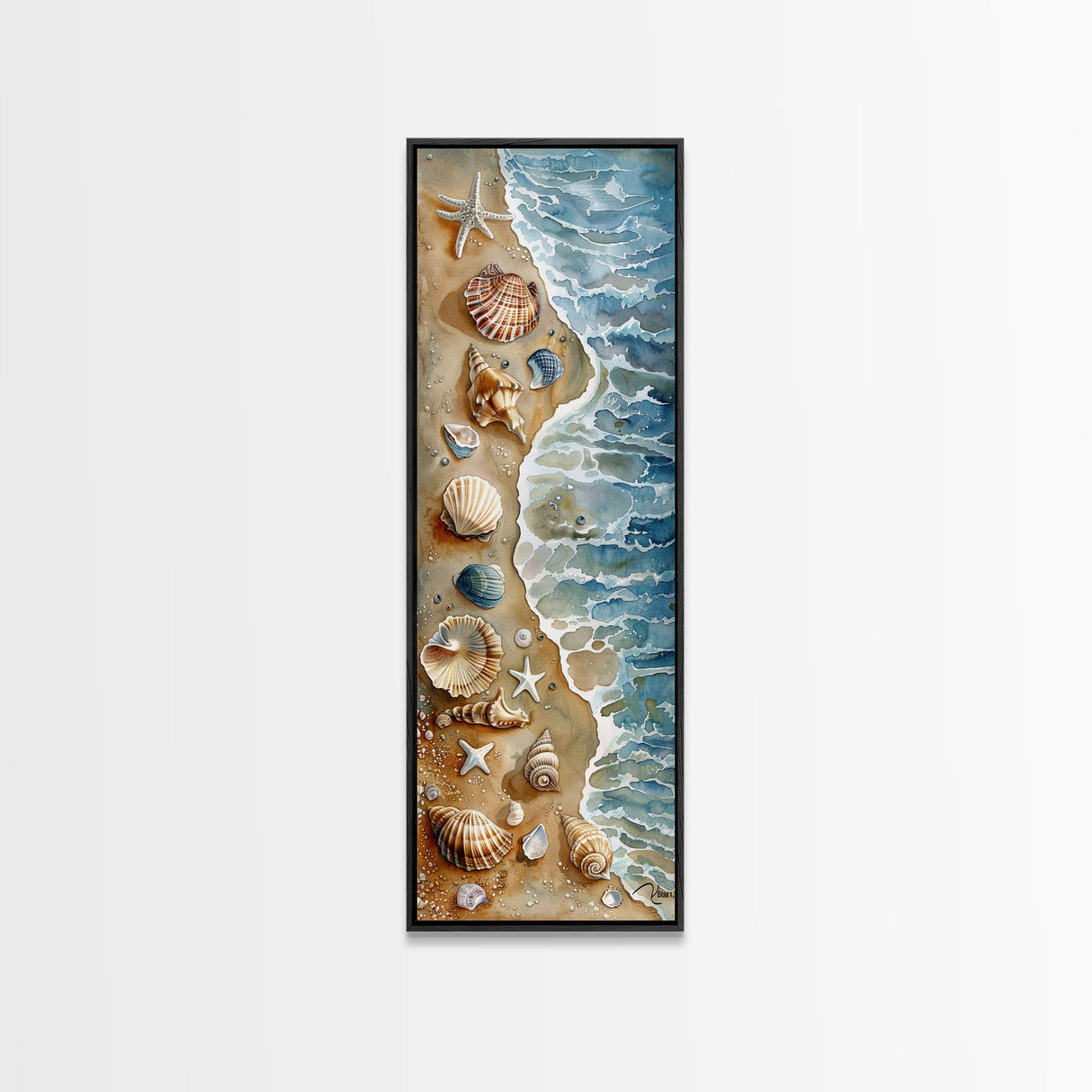 Seashells and Starfish Beach Art - Framed Canvas Print, Skinny Tall Art, Coastal Wall Art, Living Room Decor, Bedroom Art, Seashell Painting