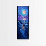 Vibrant Night Sky Over the Ocean with Full Moon, Skinny and Tall Art, Bold and Colorful Framed Canvas Print, Landscape Wall Art