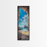 Framed Canvas Print Skinny Art of a Sunlit Beach Scene Framed by Rocky Cliffs, Overlooking a Crystal Blue Sea Under a Clear Sky, Perfect Tall Coastal Art