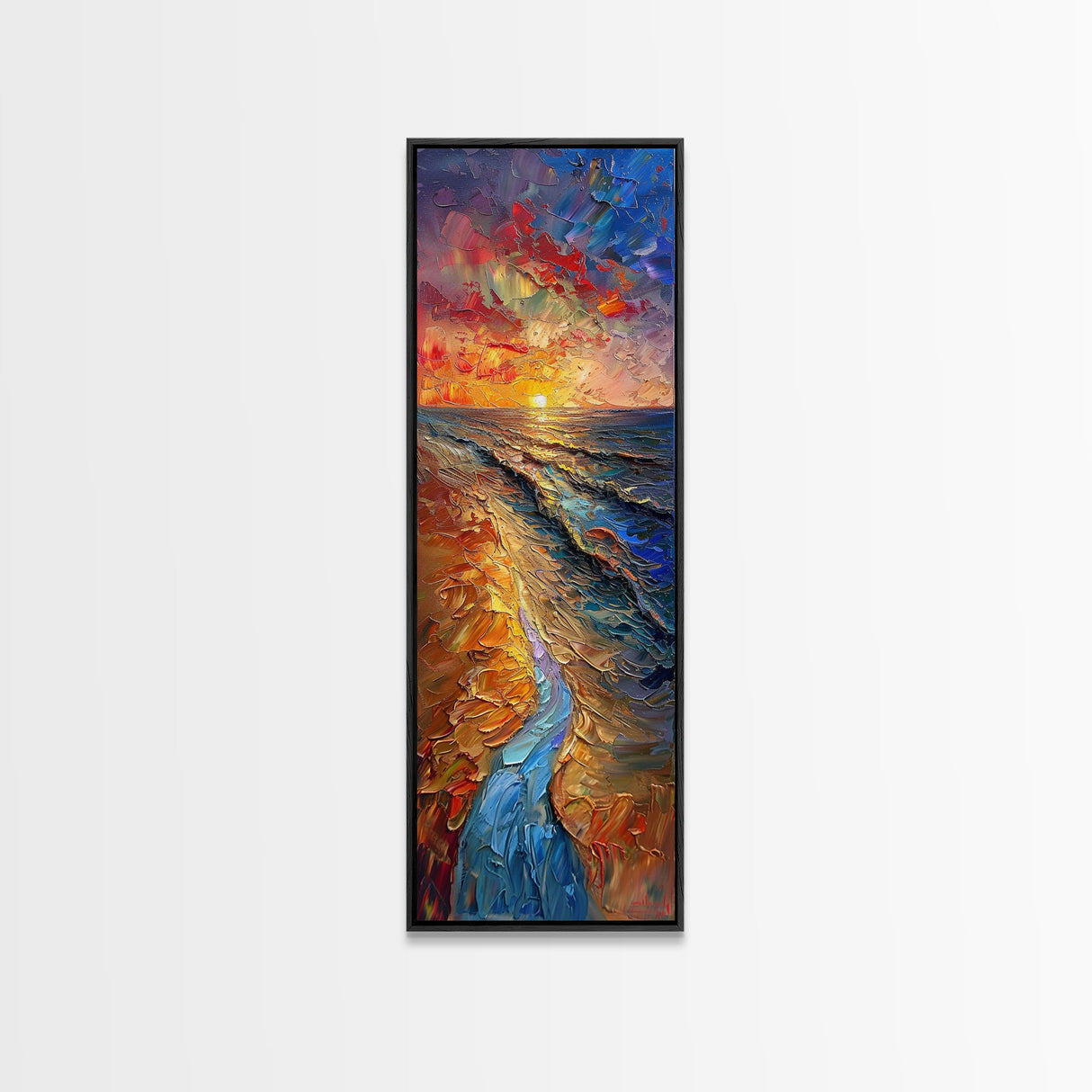 Framed Canvas Print Skinny Art of a Vibrant Sunset Over a Rolling Ocean with Dramatic Colors in the Sky and Water, Ideal Tall Art for Modern Spaces