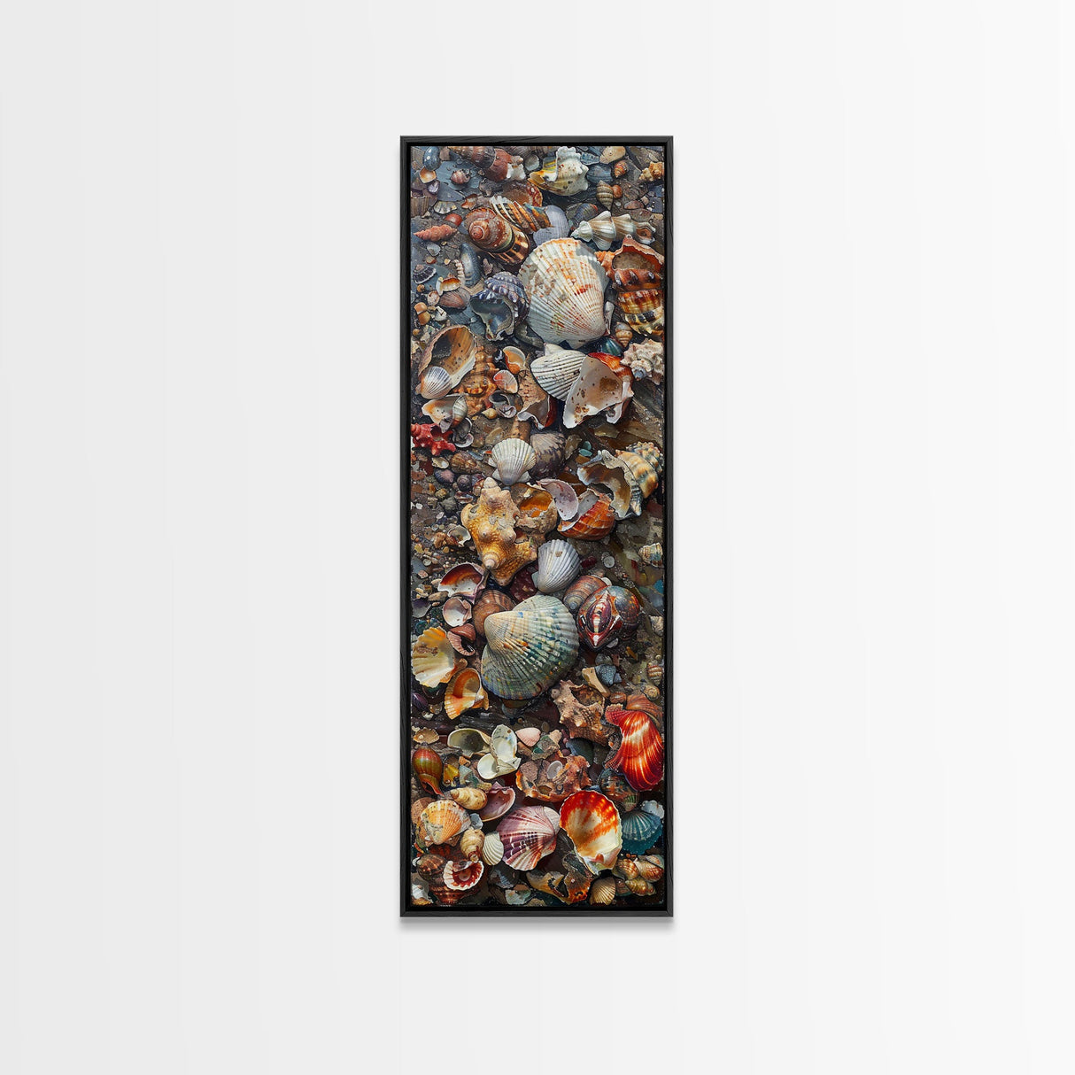 Framed Canvas Print Skinny Art of a Variety of Colorful Seashells Arranged in a Textured Pattern, Perfect Tall Art for Beach Themed Rooms