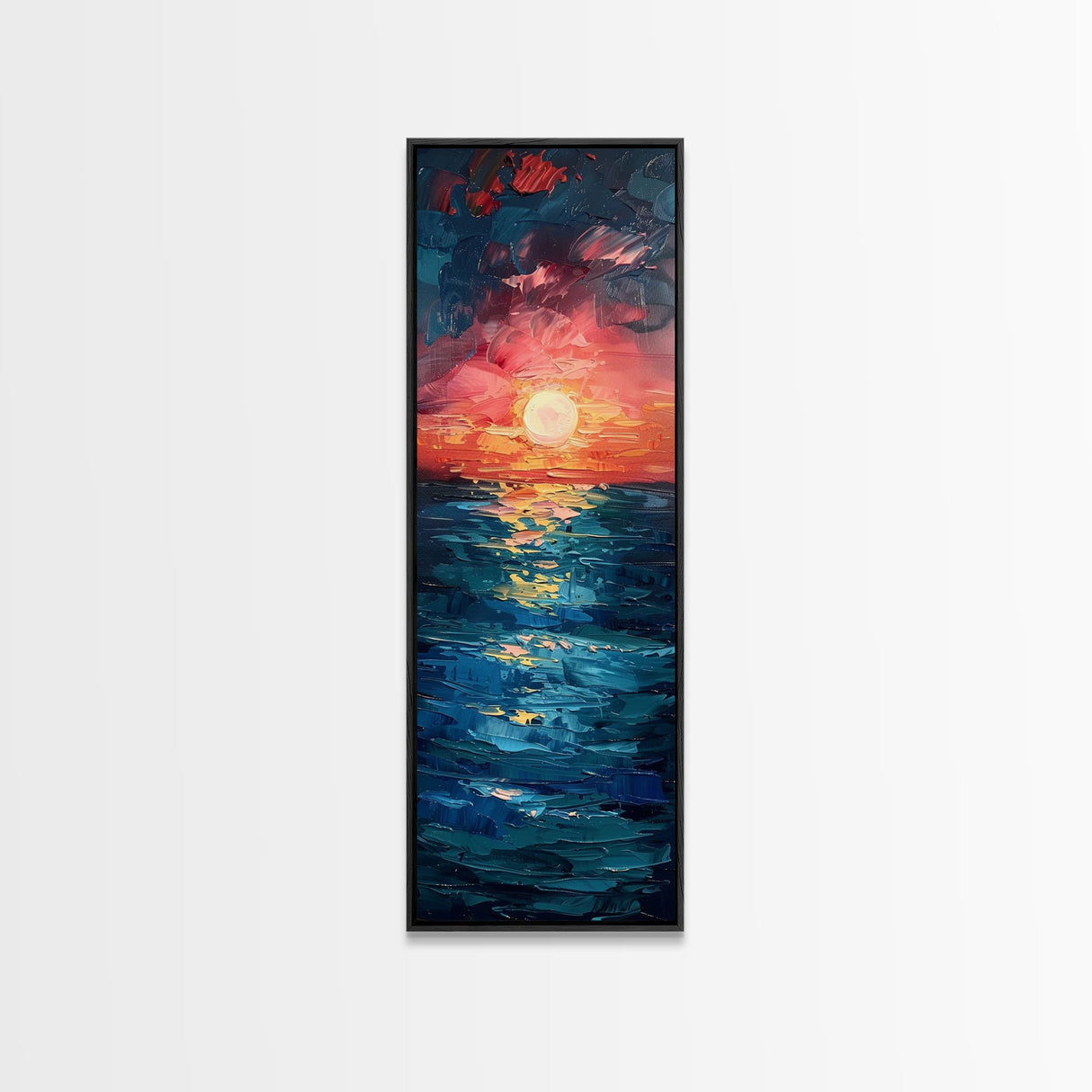 Serene Coastal Sunset Warm Ocean Minimalist Wall Art Framed Canvas Print Tall Art Japanese Style Art